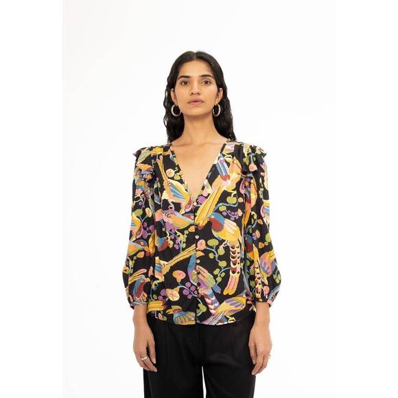 Banjanan Elise Long Sleeve Top Blouse Jet Black Print BFA23TV662 XS Xsmall NEW - Picture 2 of 5